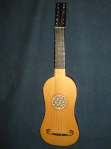 Small Vihuela in Plumwood, Ebony, Spruce with parchment Rose. Based on the Diaz 4 course guitar, Portugal Property of Vanessa Paloma, Morocco. Front view